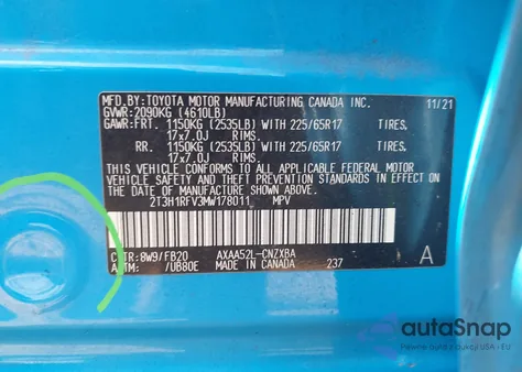 2021 Toyota Rav4 Le z USA, uszkodzony, nr VIN 2T3H1RFV3MW178011